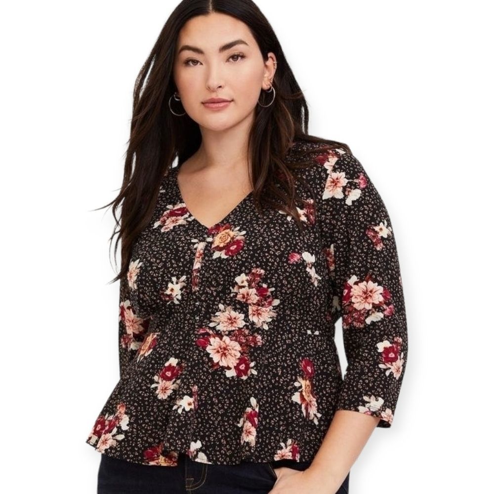 Torrid Floral Peplum Cropped V Neck Chablis Corset Black Top Multi Color Blouse
